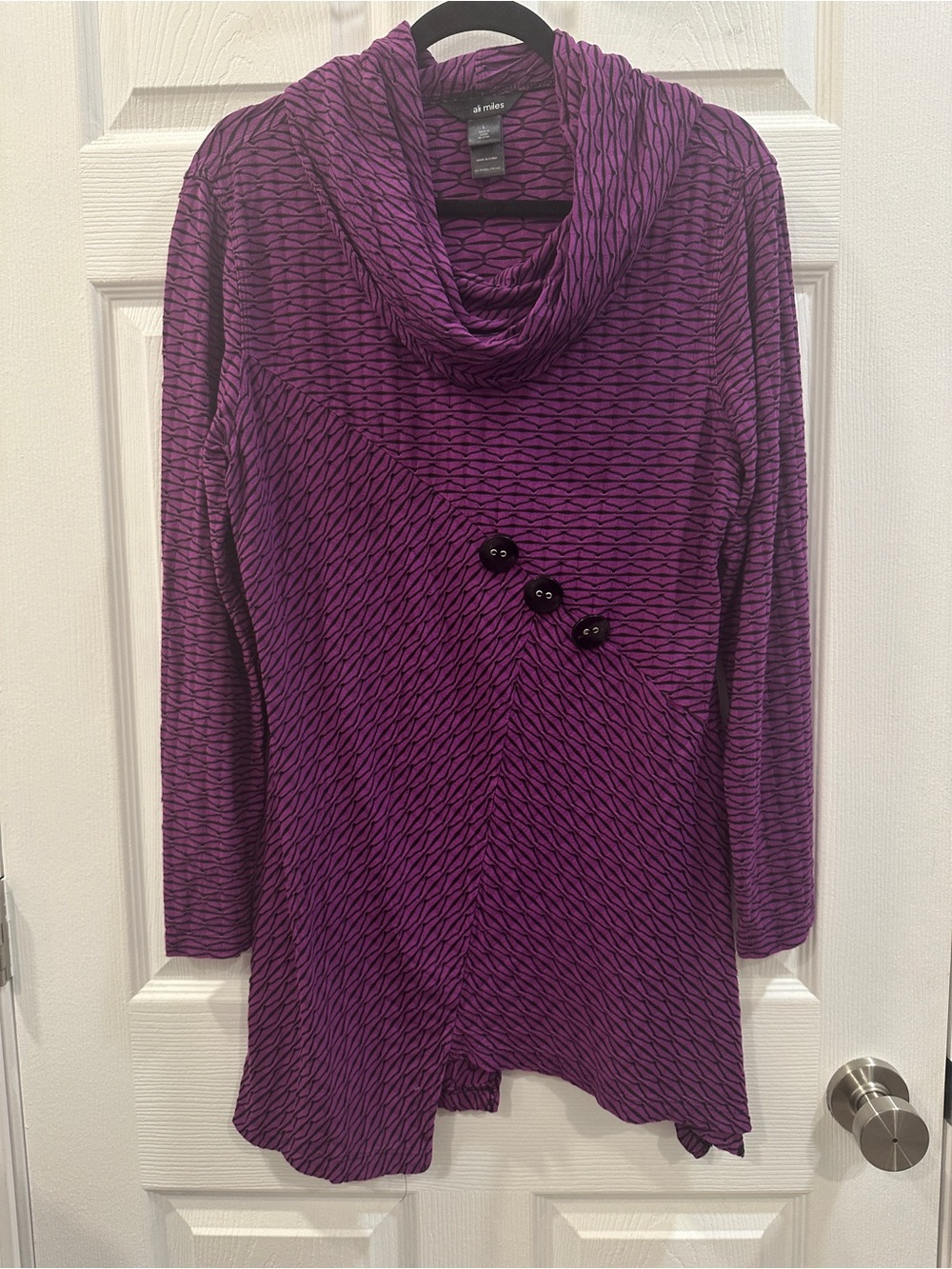 Ali Miles Textured Tunic Top Cowl Neck Purple Asymmetric Hem Art Party Buttons L